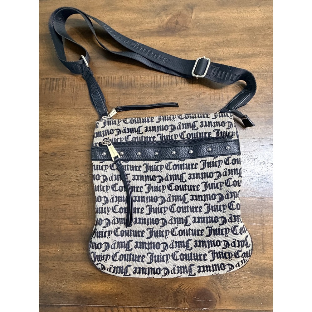Juicy‎ Couture Black Beige Gothic Logo Canvas Crossbody Messenger Bag Studded